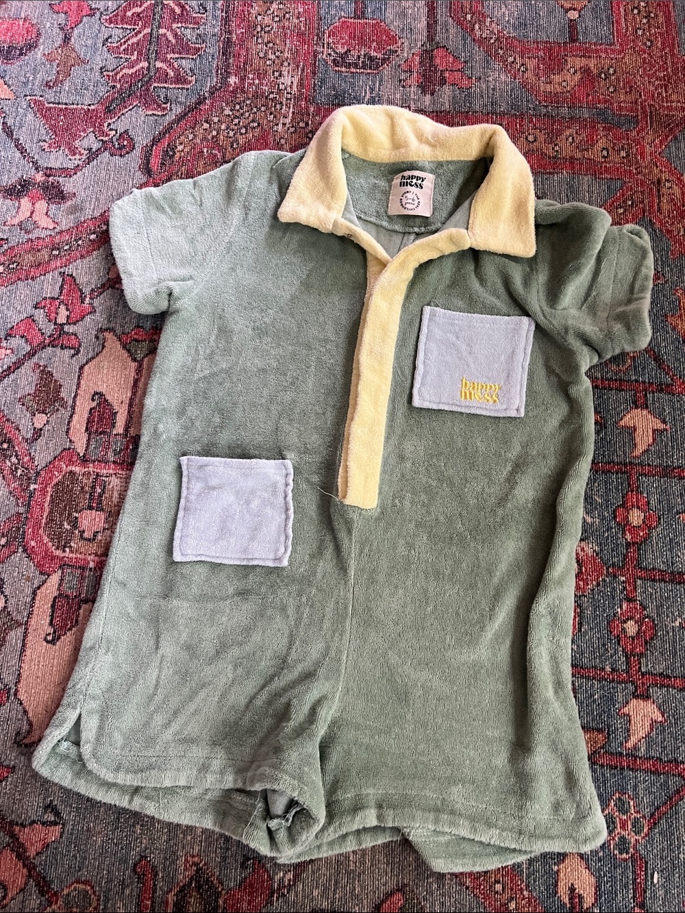 Kids Green Terry Romper with Yellow Collar